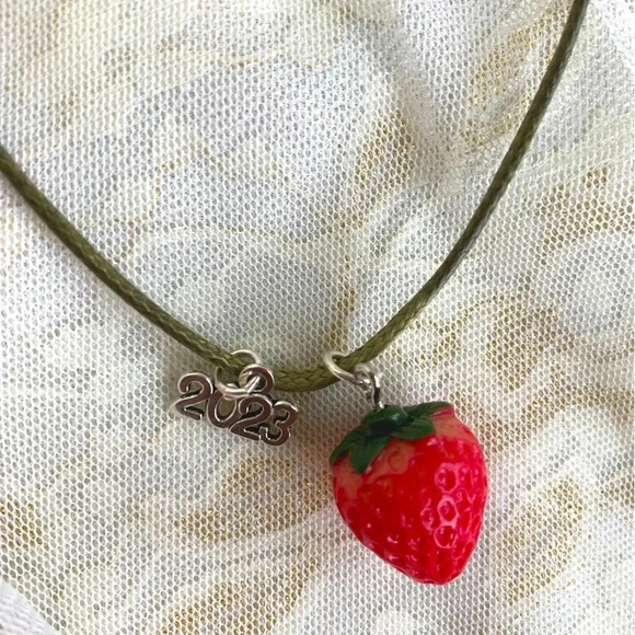 Women's/Girls Cute Strawberry Fruit Resin 2023 Charm Pendant with Cord Necklace - Picture 4 of 6